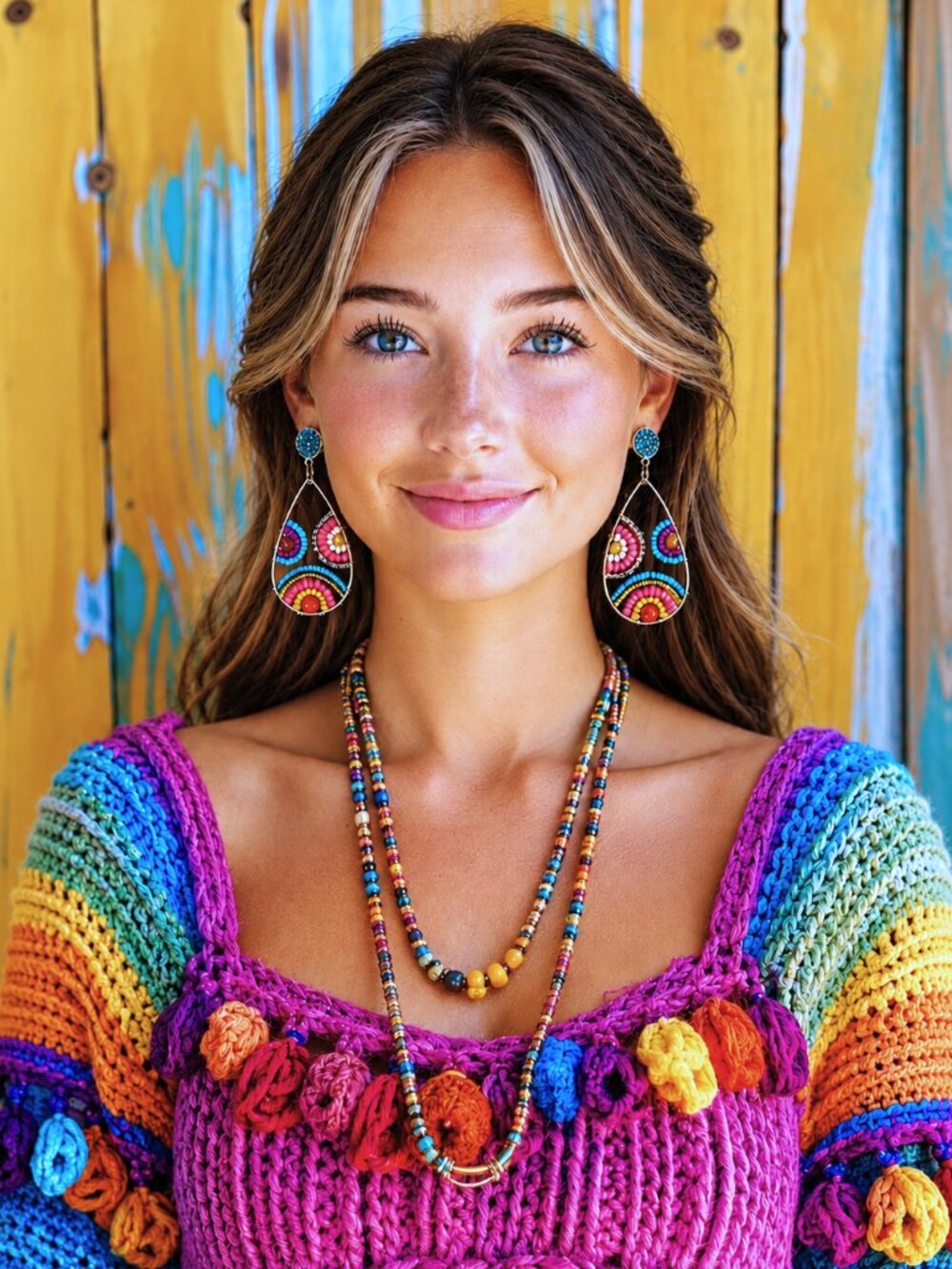 Colorful Seed Bead Teardrop Earrings, Boho Statement Festival Jewelry